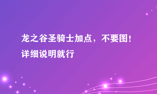 龙之谷圣骑士加点，不要图！详细说明就行