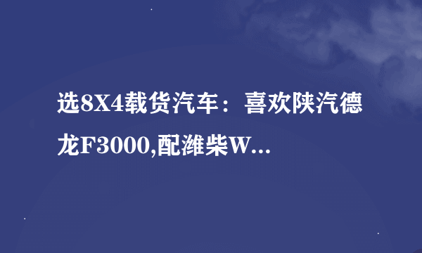 选8X4载货汽车：喜欢陕汽德龙F3000,配潍柴WP12336N发动机，法士特12挡超速挡变速箱，汉德MAN技术469单...