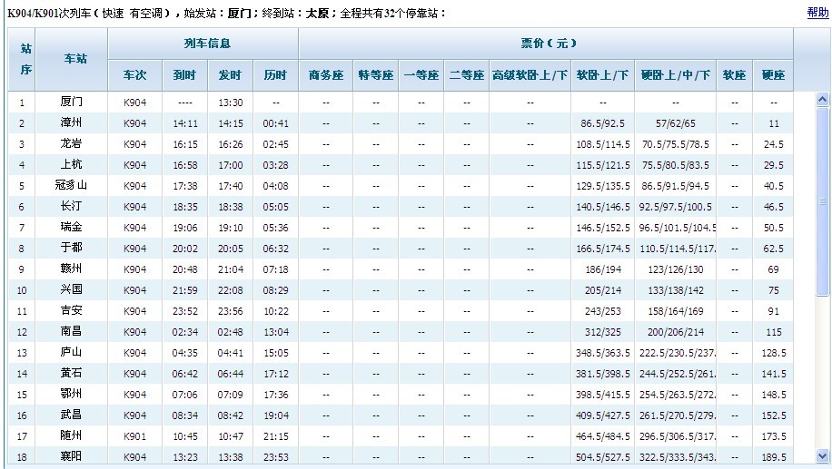 K904火车行驶路线，各个站点…