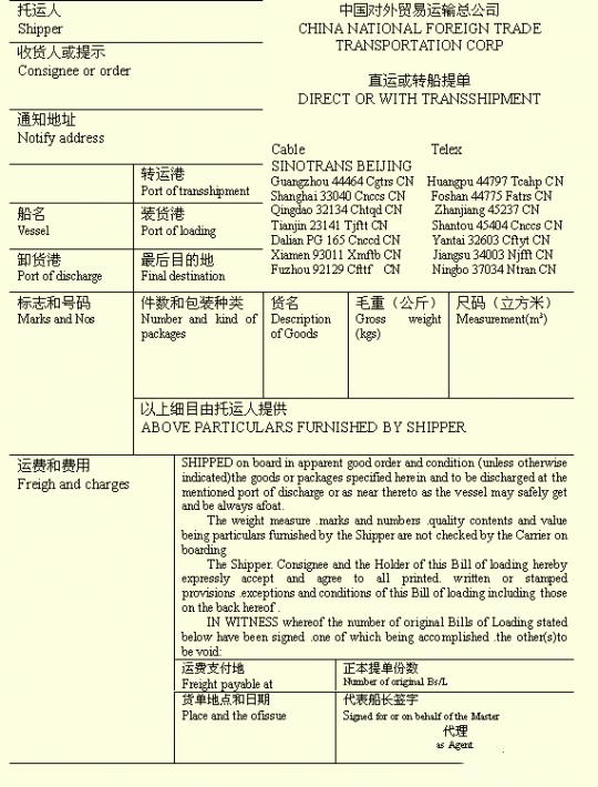 外贸术语中S/O是什么意思