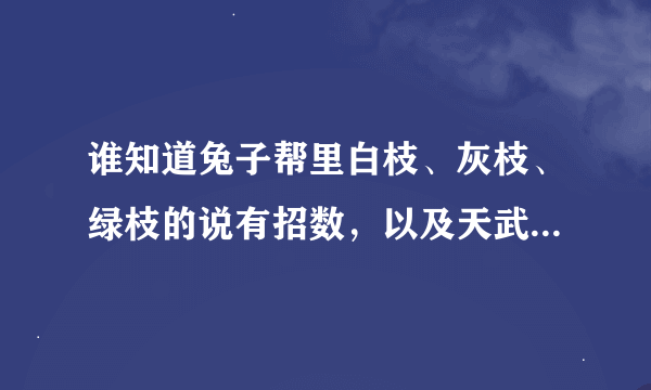 谁知道兔子帮里白枝、灰枝、绿枝的说有招数，以及天武变身（变身后的），越多越好！