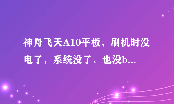 神舟飞天A10平板，刷机时没电了，系统没了，也没boot热键u盘装不了系统，求大神赐教