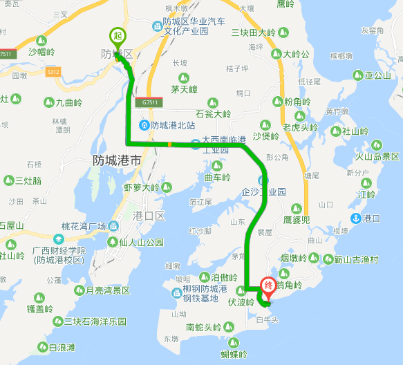 从防城港市防城区去企沙多少公里？