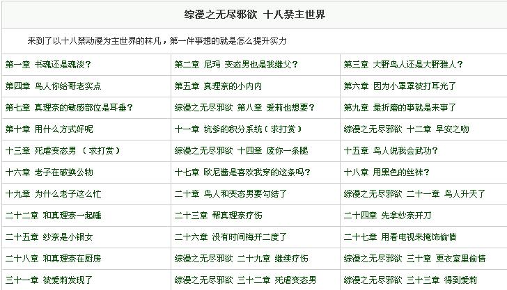 谁有综漫之无尽邪欲到现在为止所有章节