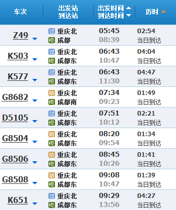 重庆到成都火车时刻表